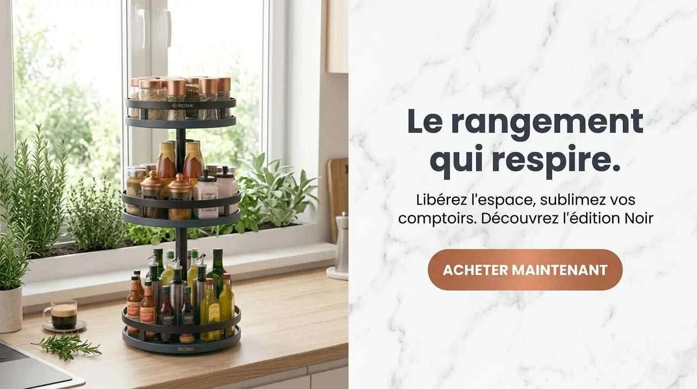 Organisateur de cuisine rotatif à trois niveaux IRONKI Édition Noir sur un plan de travail avec l'inscription "Le rangement qui respire".