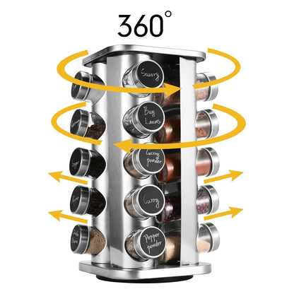 Carousel épices rotatif 360° inox 20 flacons avec étiquettes entonnoir et marqueur IronKi