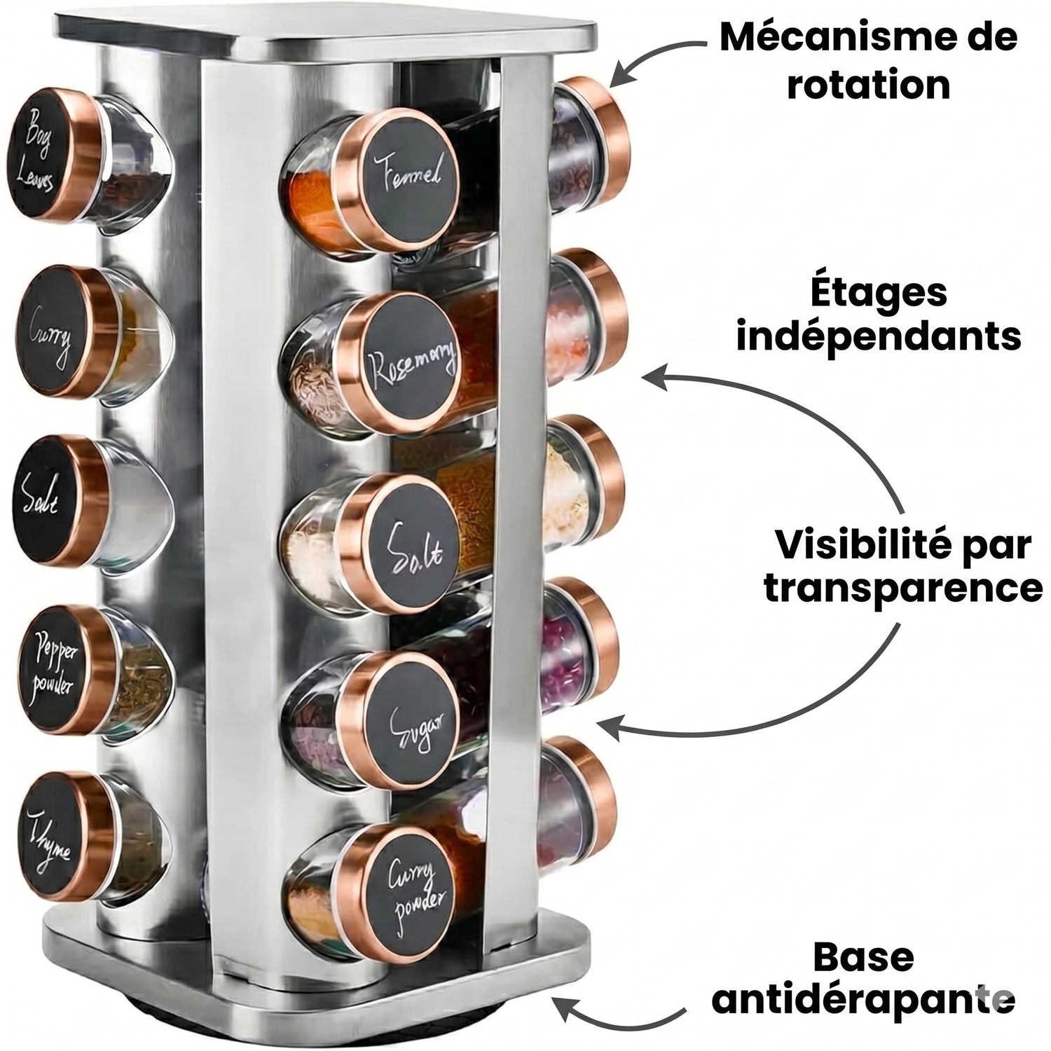 Carousel épices rotatif 360° inox 20 flacons avec étiquettes entonnoir et marqueur IronKi