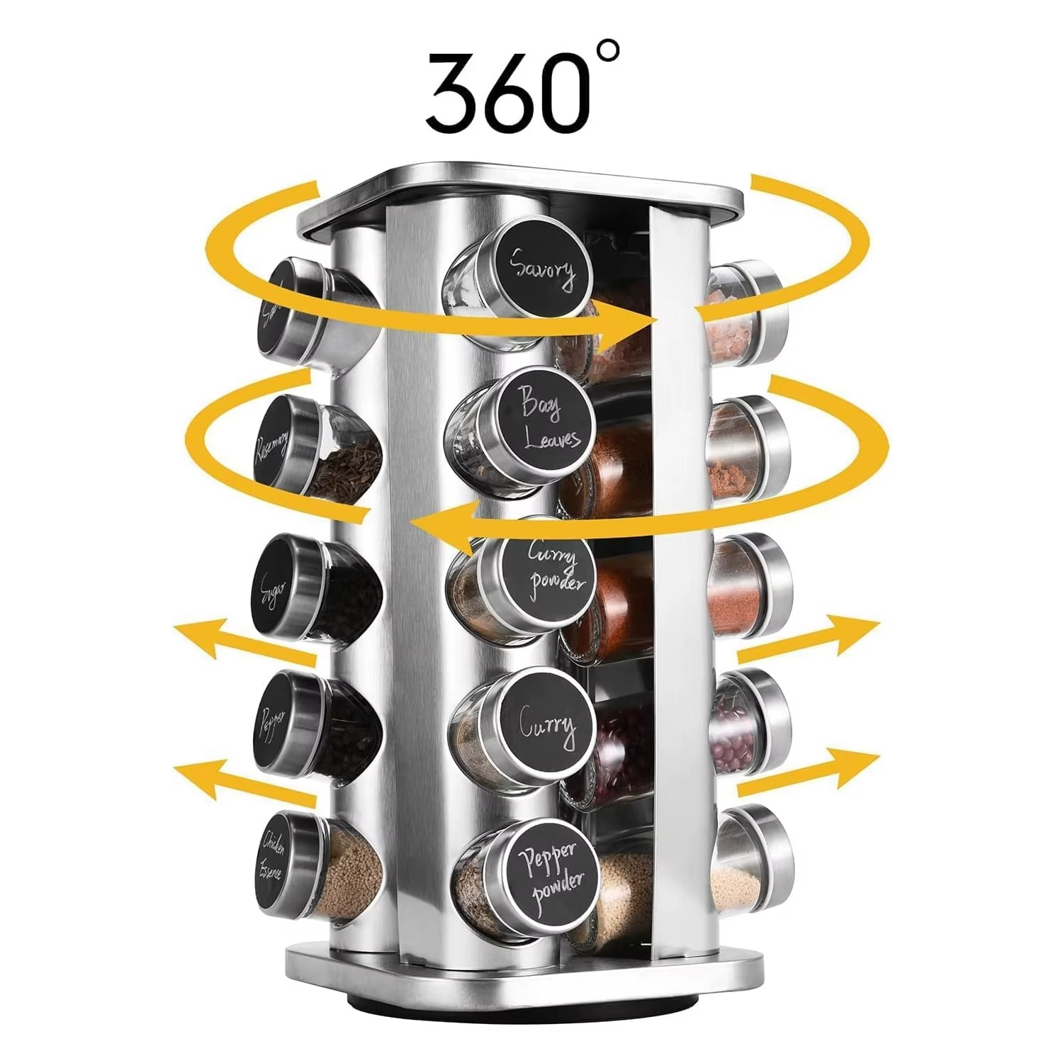 Carousel épices rotatif 360° inox 20 flacons avec étiquettes entonnoir et marqueur IronKi