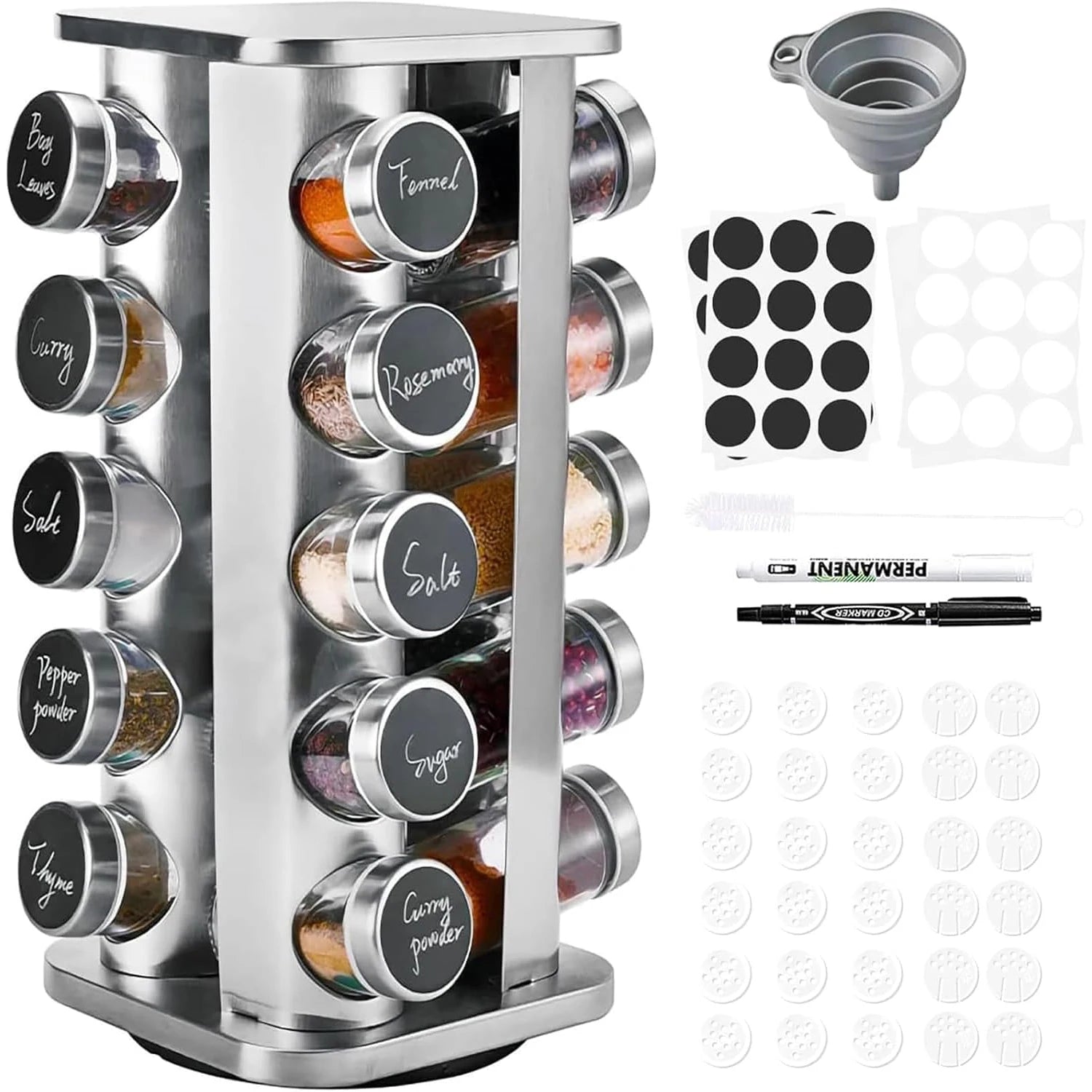 Carousel épices rotatif 360° inox 20 flacons avec étiquettes entonnoir et marqueur IronKi