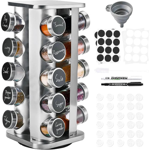 Carousel épices rotatif 360° inox 20 flacons avec étiquettes entonnoir et marqueur IronKi