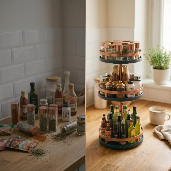 Carrousel rotatif épices 360° inox 3 étages IronKi sur plan de travail cuisine moderne