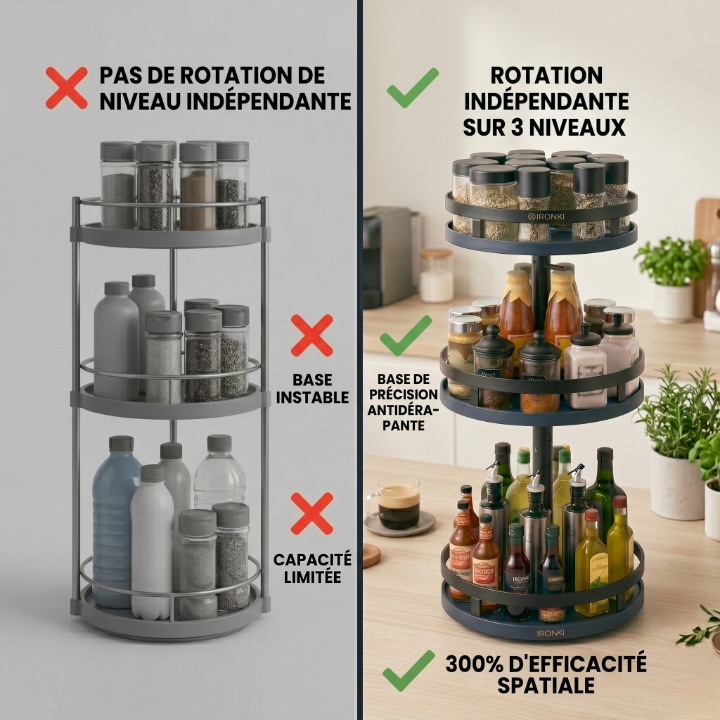 Carrousel rotatif épices 360° inox 3 étages IronKi sur plan de travail cuisine moderne