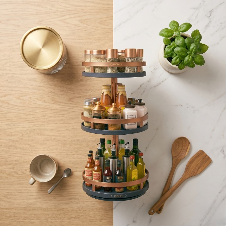 Carrousel rotatif épices 360° inox 3 étages IronKi sur plan de travail cuisine moderne