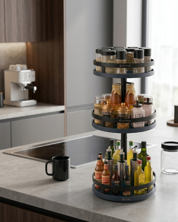 Carrousel rotatif épices 360° inox 3 étages IronKi sur plan de travail cuisine moderne