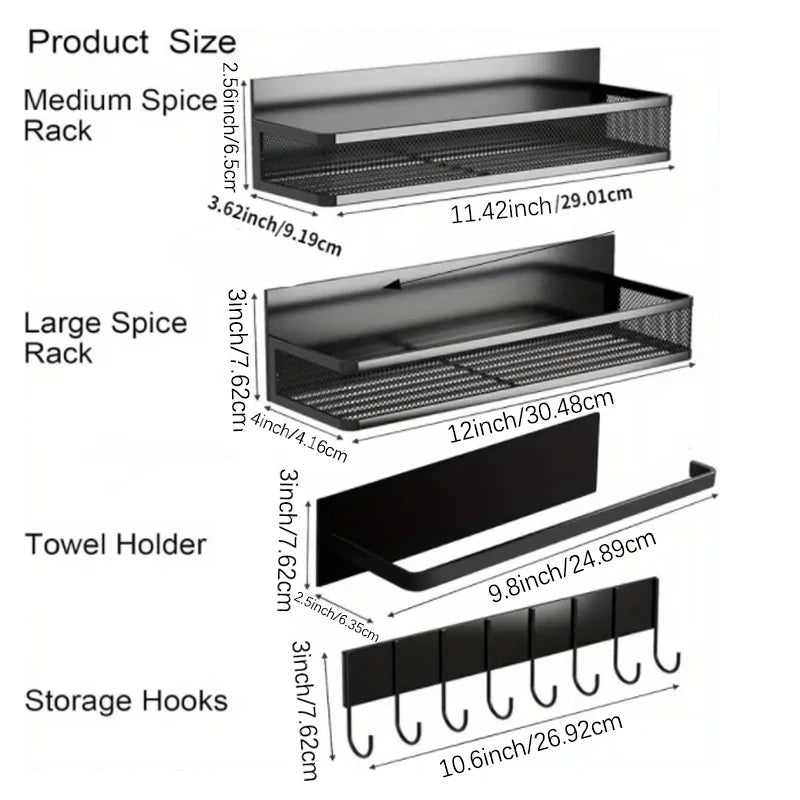 Set étagères magnétiques cuisine fixation sans perçage sur frigo noir IronKi avec épices et ustensiles
