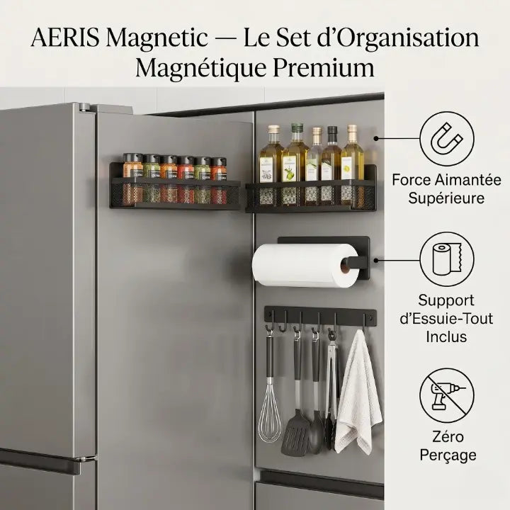 Set étagères magnétiques cuisine fixation sans perçage sur frigo noir IronKi avec épices et ustensiles