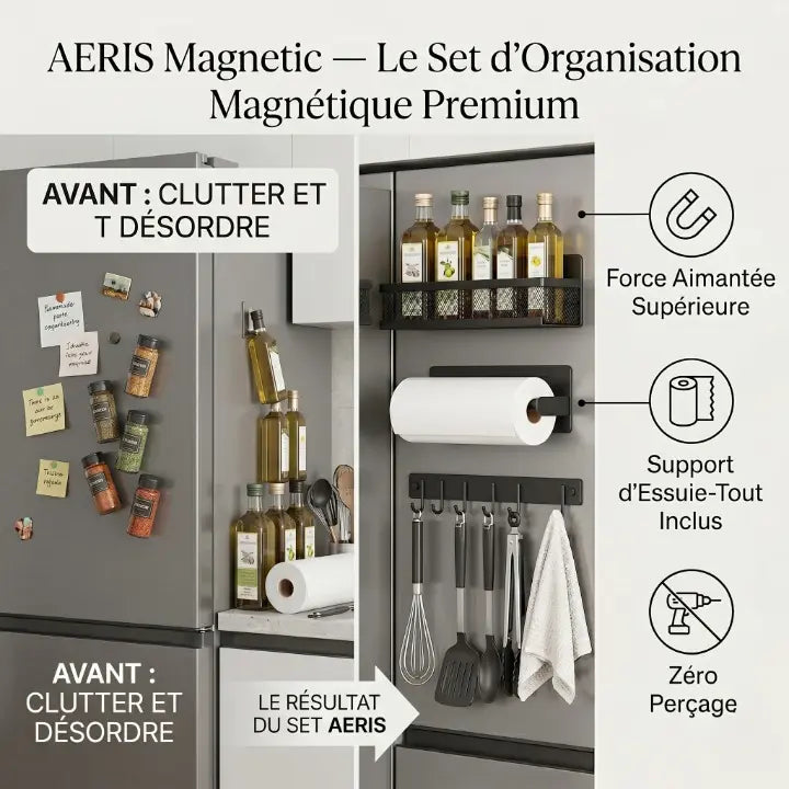 Set étagères magnétiques cuisine fixation sans perçage sur frigo noir IronKi avec épices et ustensiles