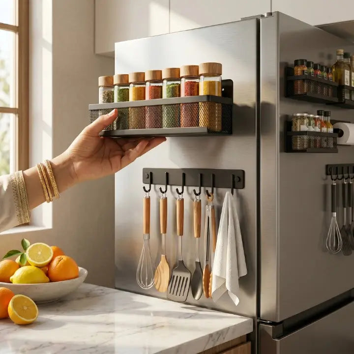 Set étagères magnétiques cuisine fixation sans perçage sur frigo noir IronKi avec épices et ustensiles