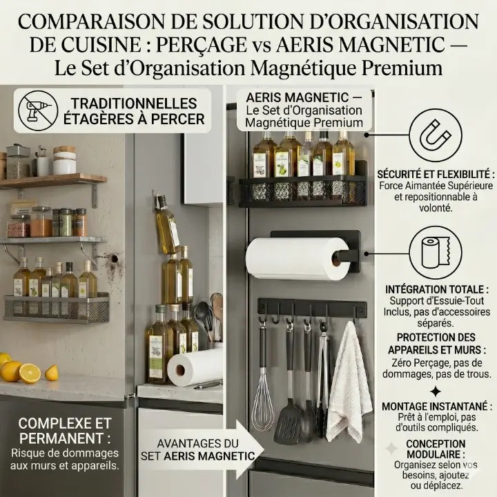 Set étagères magnétiques cuisine fixation sans perçage sur frigo noir IronKi avec épices et ustensiles