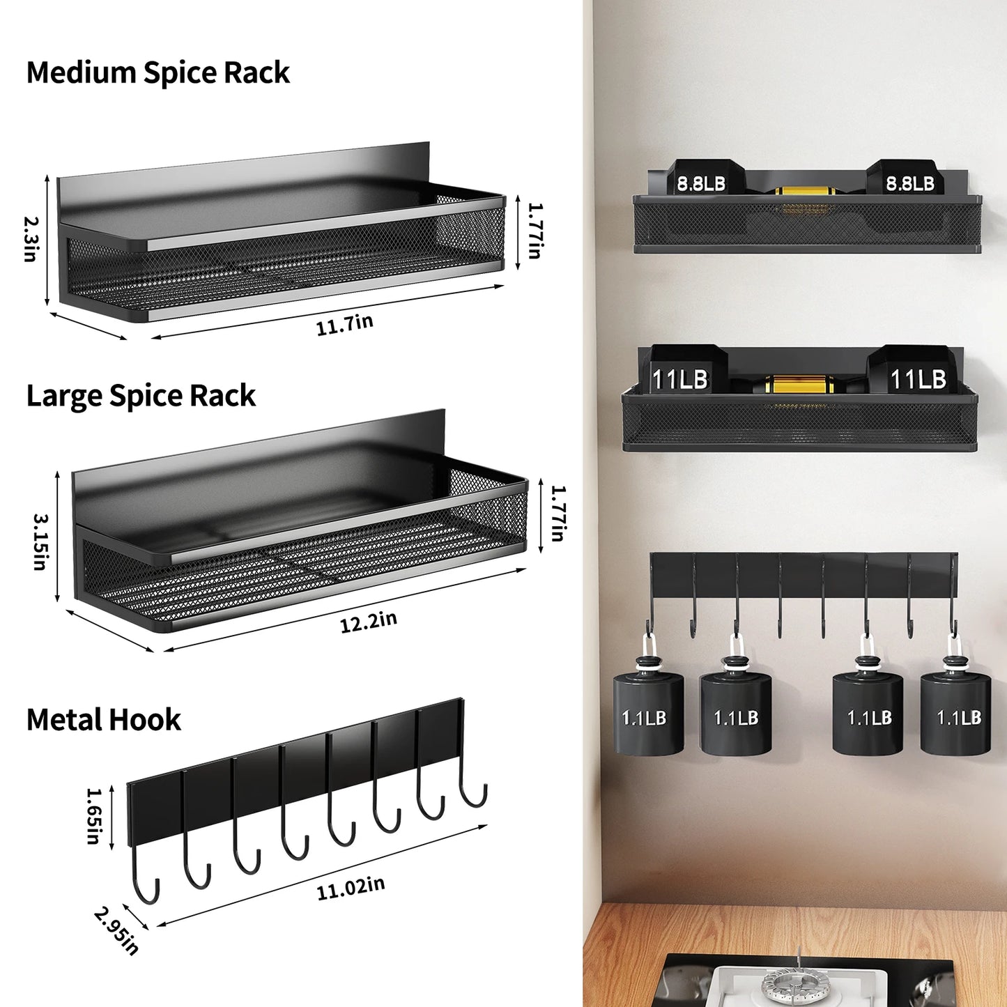 Set étagères magnétiques cuisine fixation sans perçage sur frigo noir IronKi avec épices et ustensiles
