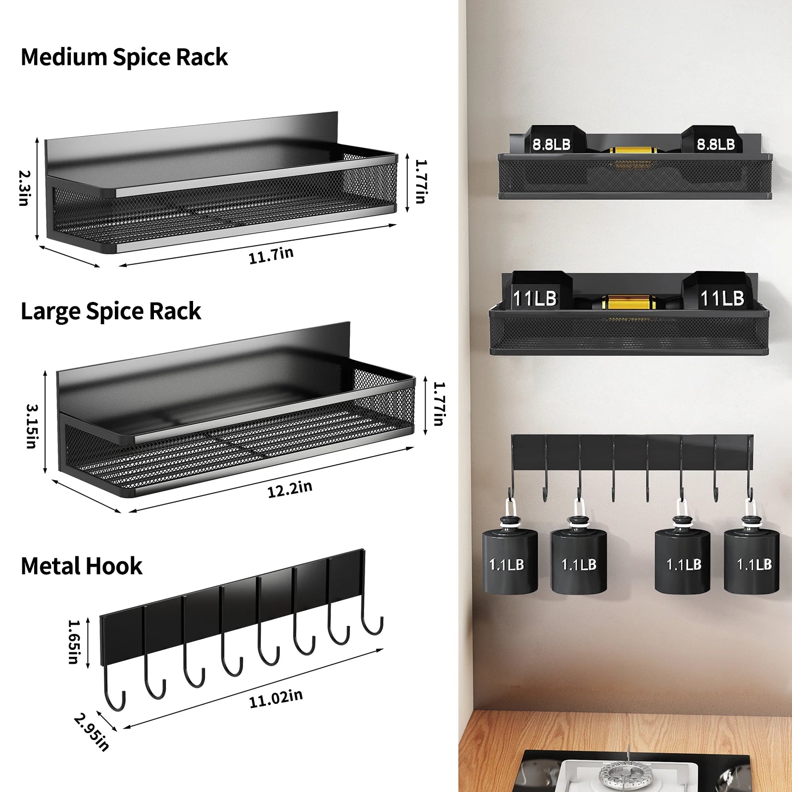 Set étagères magnétiques cuisine fixation sans perçage sur frigo noir IronKi avec épices et ustensiles