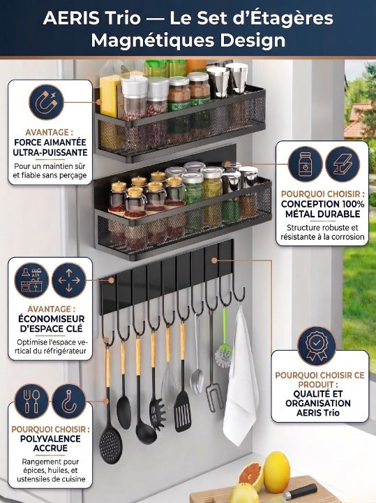 Set étagères magnétiques cuisine fixation sans perçage sur frigo noir IronKi avec épices et ustensiles