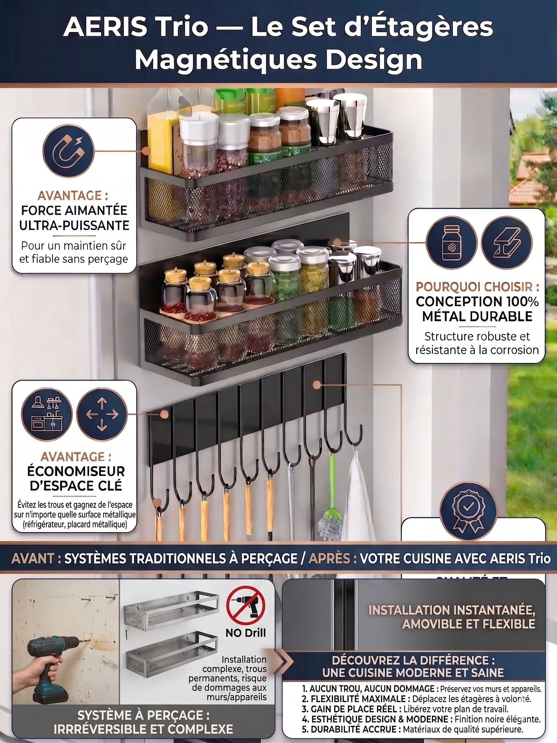Set étagères magnétiques cuisine fixation sans perçage sur frigo noir IronKi avec épices et ustensiles