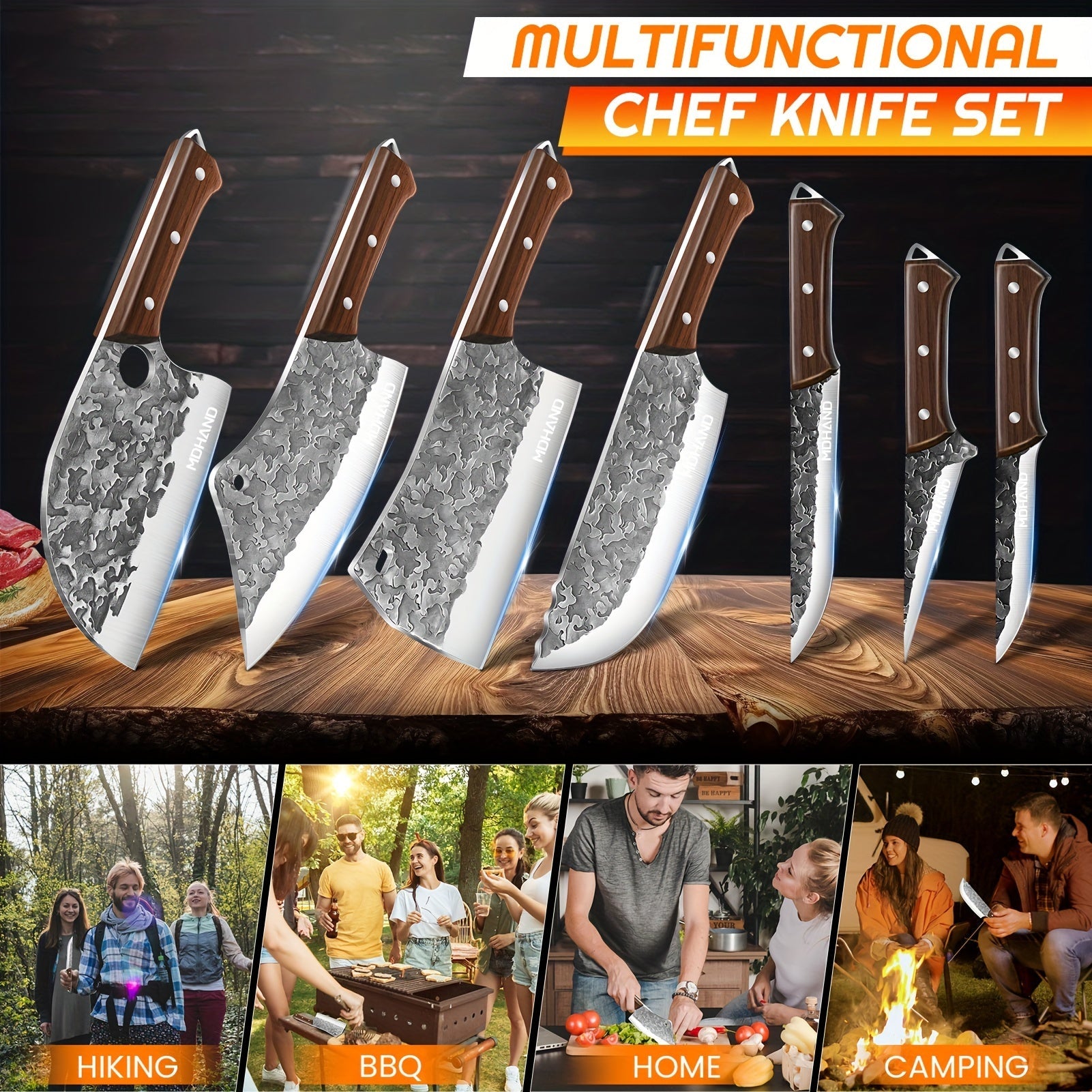 IRONKI 14 - Piece Professional Chef Knife Set – High - Carbon Steel with Roll Bag & Ergonomic Wood Handles - IRONKI