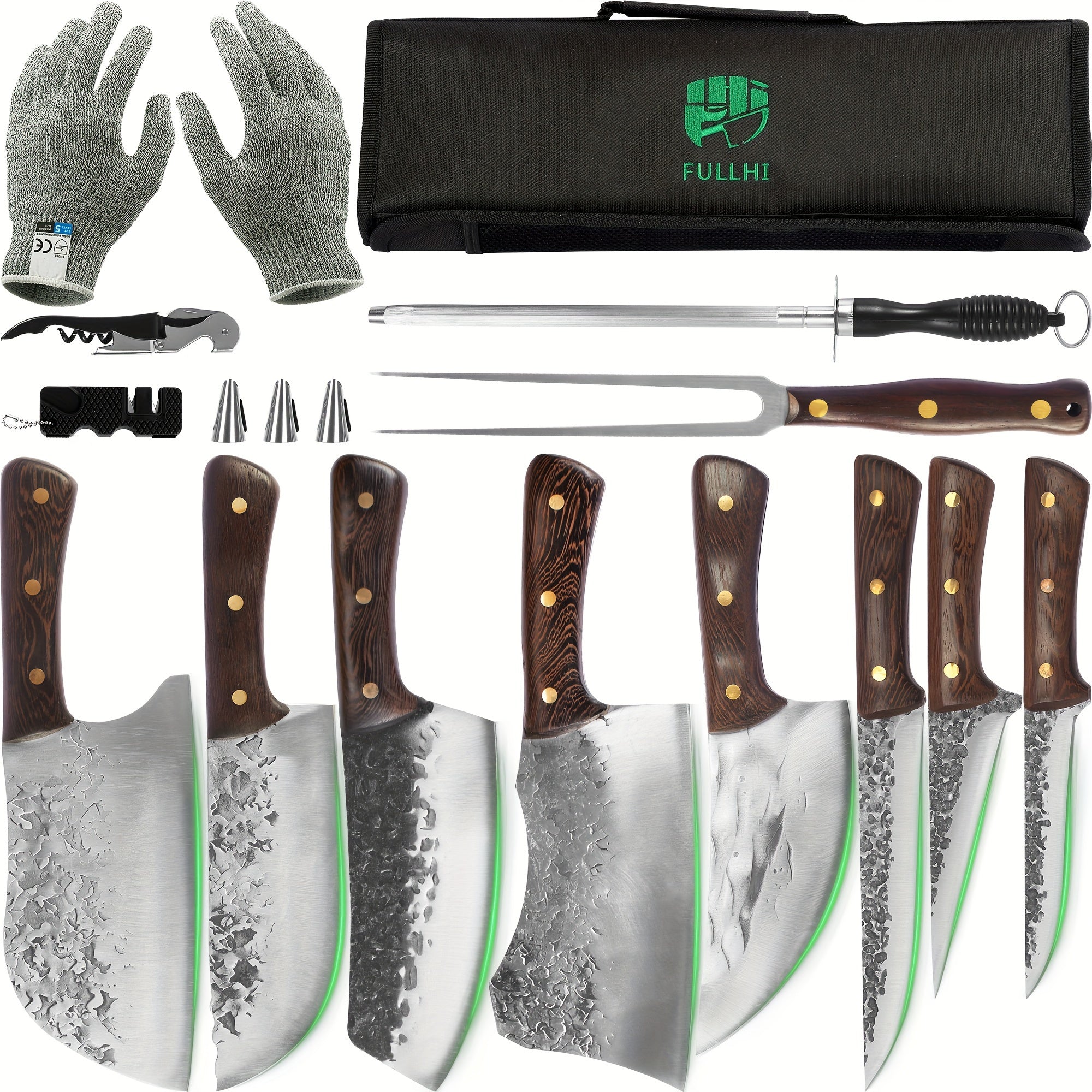 IRONKI 15 - Piece Portable Butcher Knife Set – Full Tang High Carbon Steel Chef Knives with Roll Bag - IRONKI