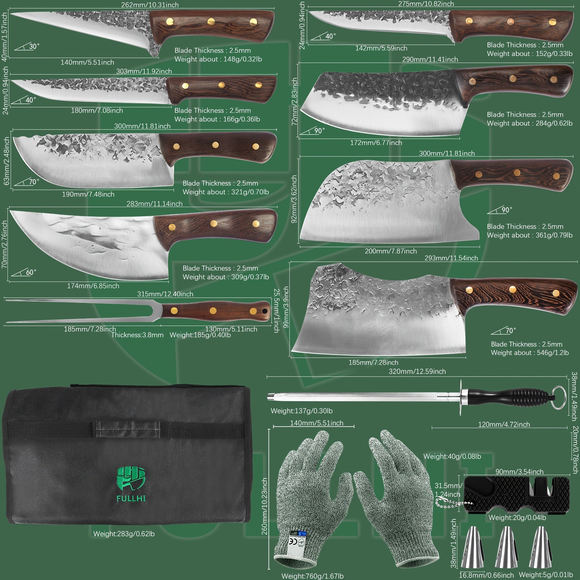 IRONKI 15 - Piece Portable Butcher Knife Set – Full Tang High Carbon Steel Chef Knives with Roll Bag - IRONKI