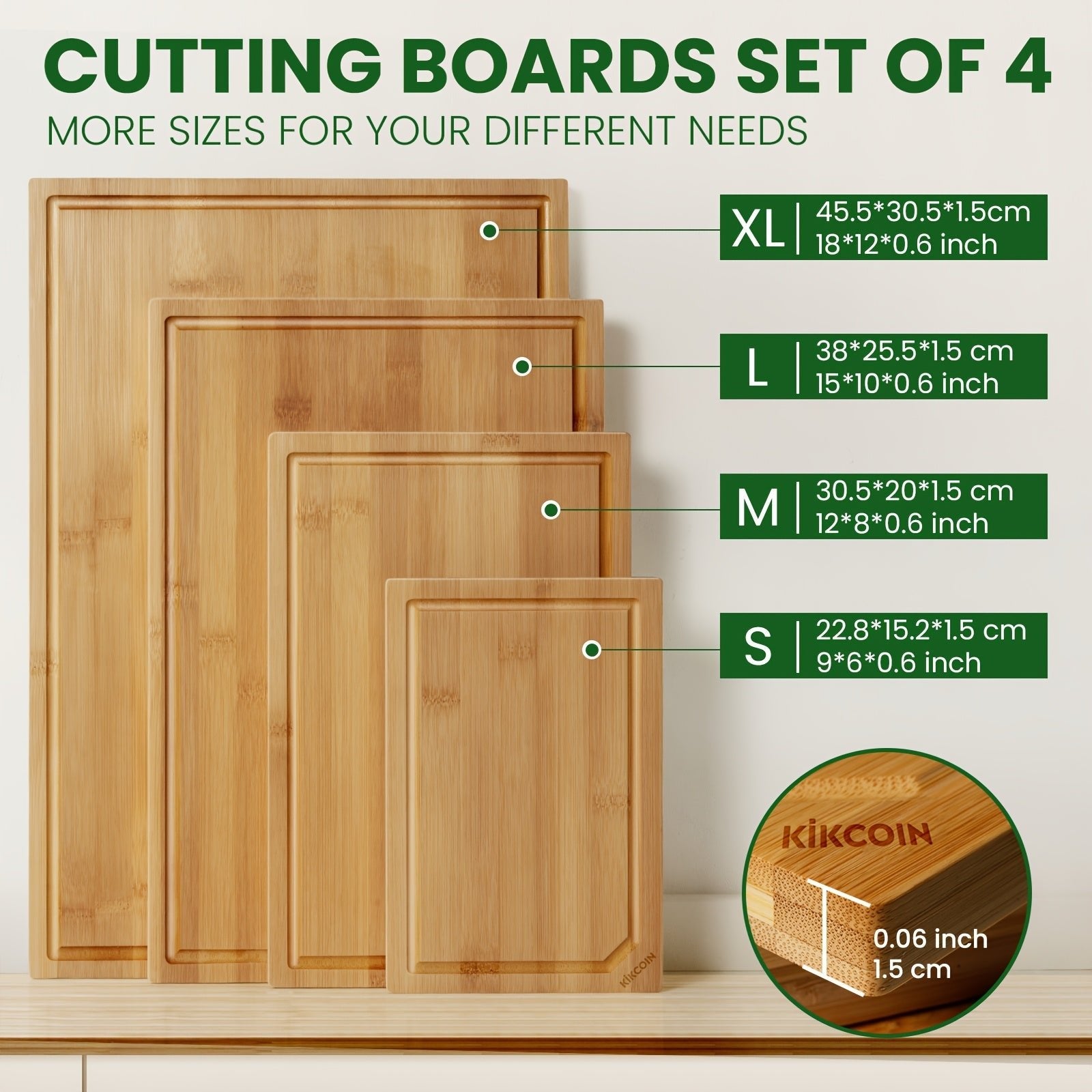 IRONKI 4 - Piece XL Bamboo Cutting Board Set – Heavy Duty Boards with Juice Grooves - IRONKI