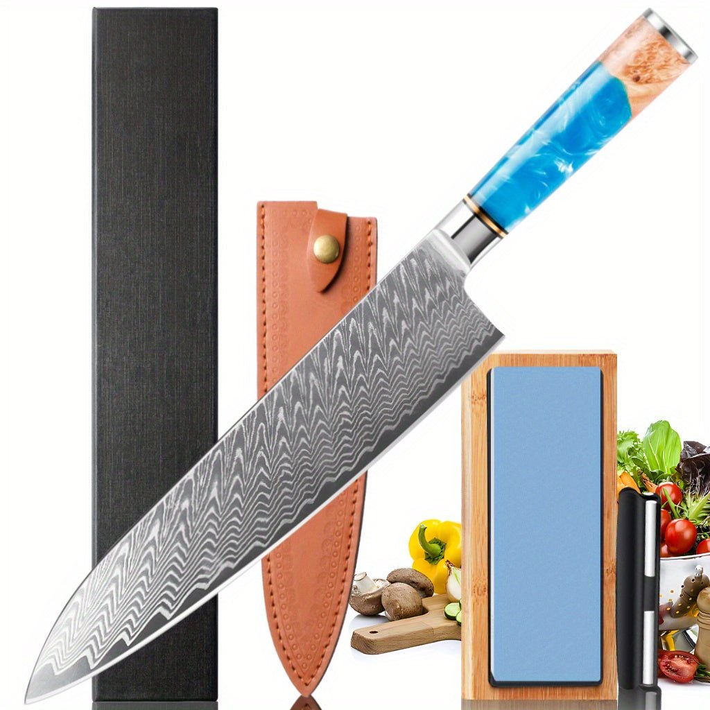 IRONKI 9.5" Damascus Chef’s Knife – Ultra - Sharp Blade with Sharpener, Resin & Wood Handle + Gift Box - IRONKI