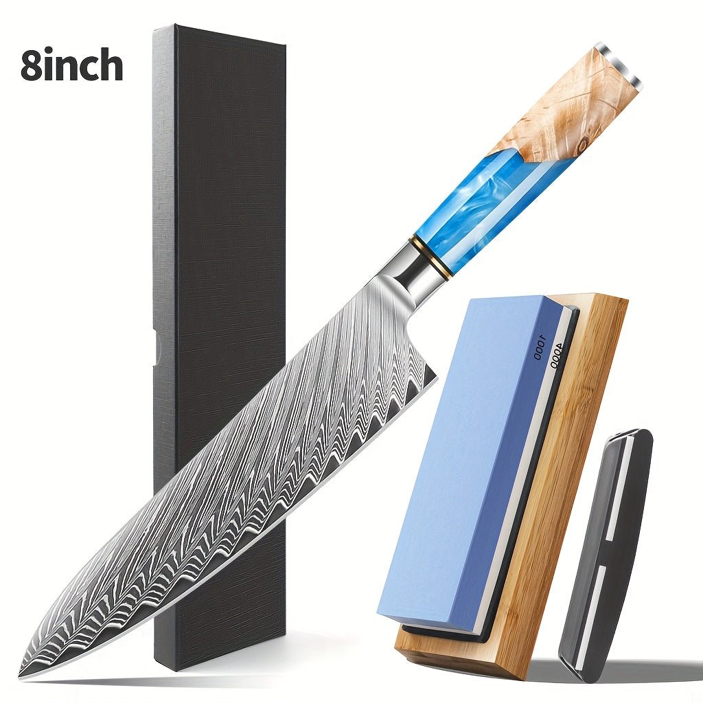 IRONKI 9.5" Damascus Chef’s Knife – Ultra - Sharp Blade with Sharpener, Resin & Wood Handle + Gift Box - IRONKI