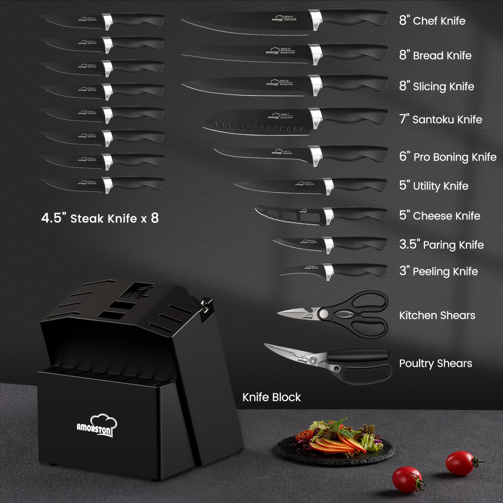 IRONKI Amorston 20 - Piece Knife Set – German Steel Kitchen Block with Built - in Sharpener - IRONKI