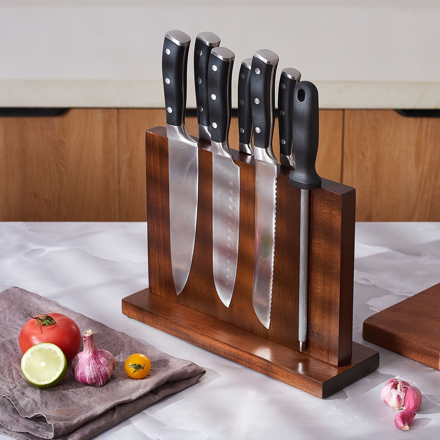 IRONKI ENOKING 12.5" Magnetic Knife Block – Acacia Wood Double - Sided Holder with Triple Magnet Strip - IRONKI