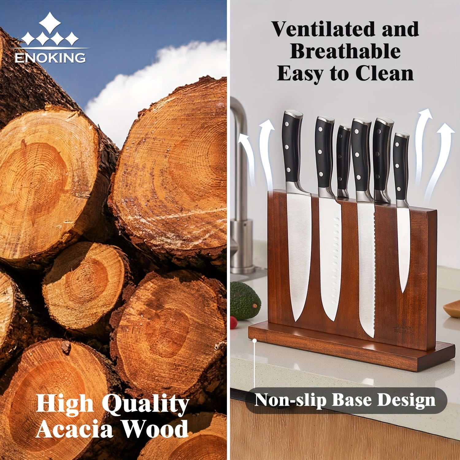 IRONKI ENOKING 12.5" Magnetic Knife Block – Acacia Wood Double - Sided Holder with Triple Magnet Strip - IRONKI