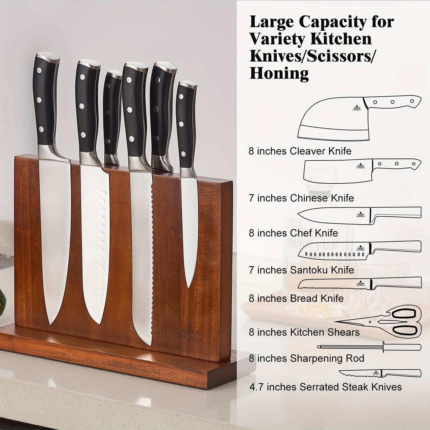 IRONKI ENOKING 12.5" Magnetic Knife Block – Acacia Wood Double - Sided Holder with Triple Magnet Strip - IRONKI