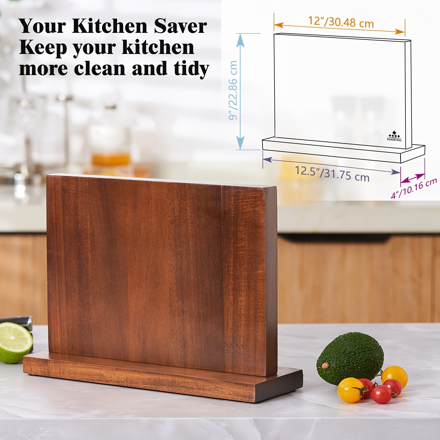 IRONKI ENOKING 12.5" Magnetic Knife Block – Acacia Wood Double - Sided Holder with Triple Magnet Strip - IRONKI