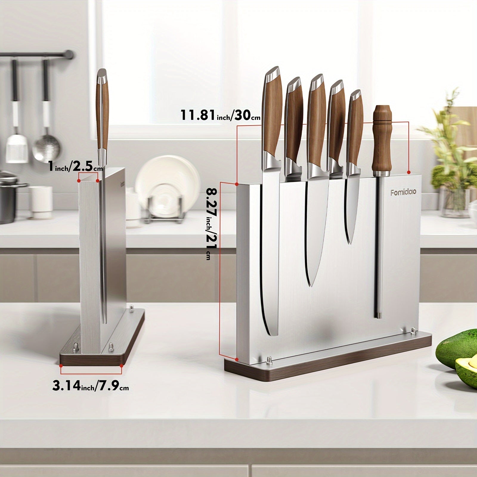 IRONKI Magnetic Knife Block – Premium Double - Sided Stainless Steel Knife Holder Rack with Wood Base - IRONKI