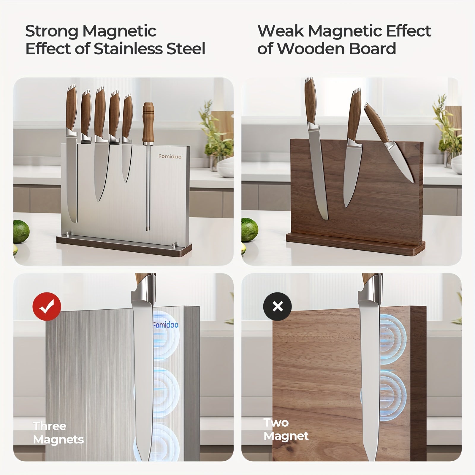 IRONKI Magnetic Knife Block – Premium Double - Sided Stainless Steel Knife Holder Rack with Wood Base - IRONKI