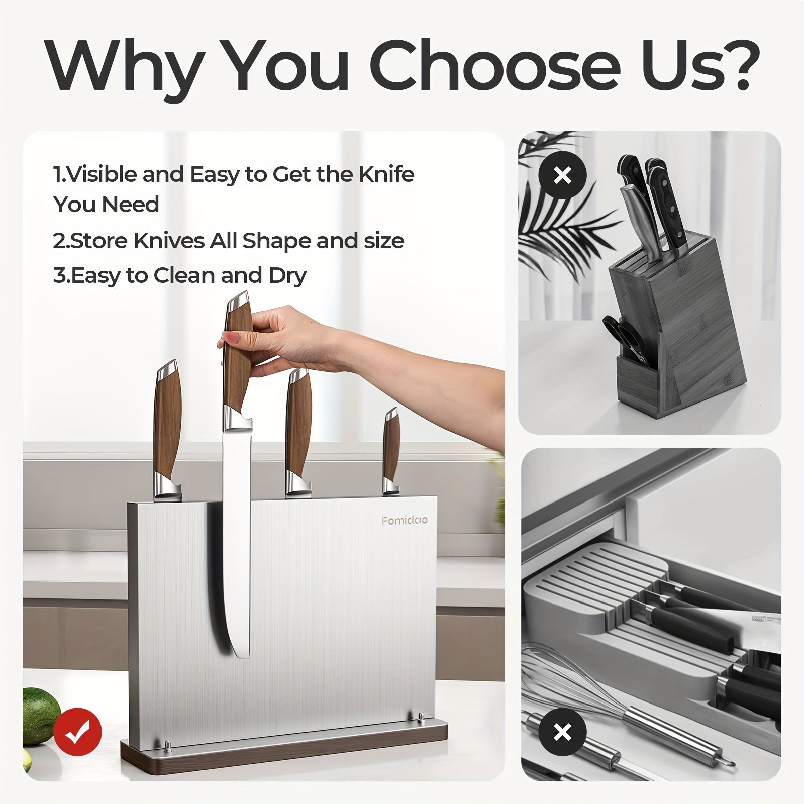 IRONKI Magnetic Knife Block – Premium Double - Sided Stainless Steel Knife Holder Rack with Wood Base - IRONKI