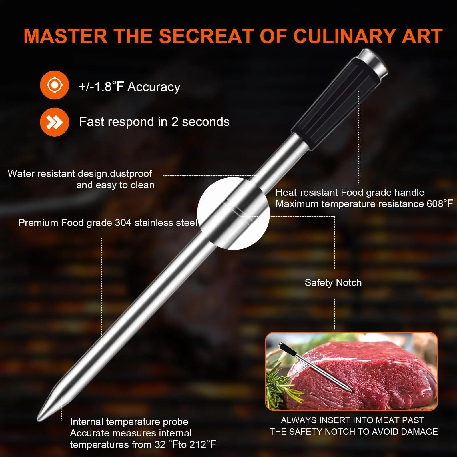 IRONKI Smart Bluetooth Meat Thermometer – Wireless, Waterproof & App - Controlled for BBQ, Grilling & Baking - IRONKI