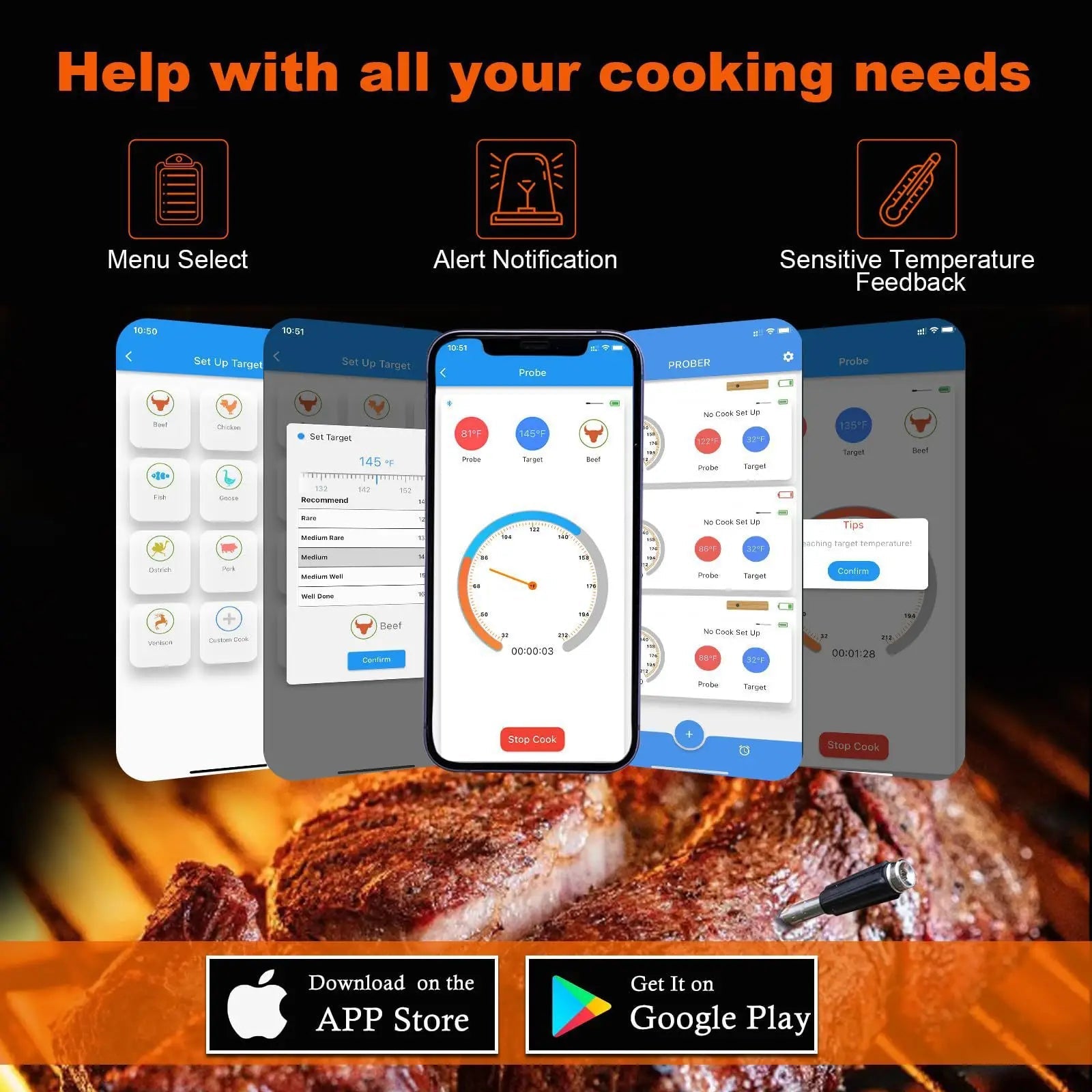 IRONKI Smart Bluetooth Meat Thermometer – Wireless, Waterproof & App - Controlled for BBQ, Grilling & Baking - IRONKI