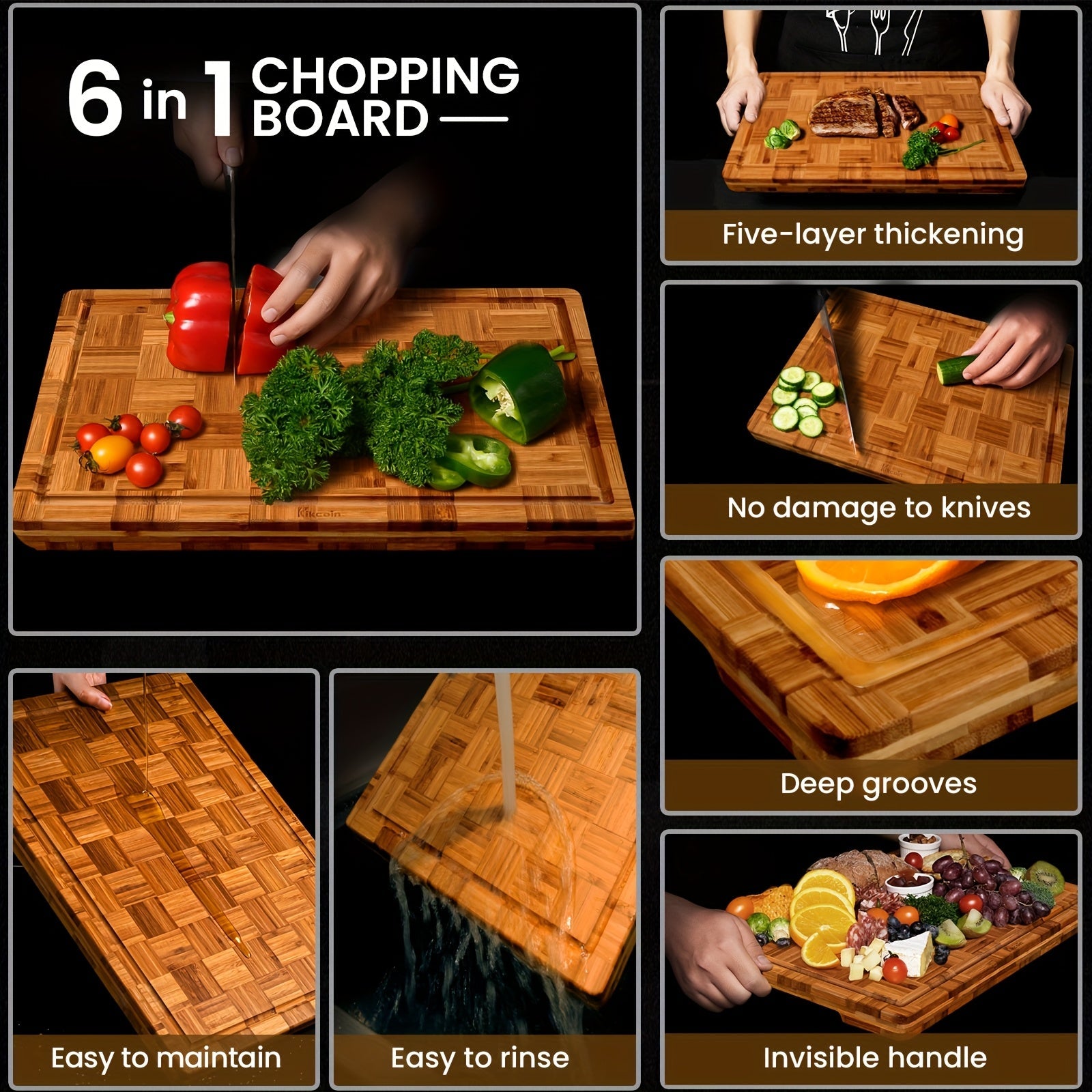 IRONKI XL Parquet Cutting Board – 5 - Layer Thick, Knife - Friendly Board with Juice Groove & Hidden Handles - IRONKI