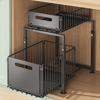 Organiseur sous-évier coulissant 2 niveaux ajustable rangement cuisine placard noir IronKi