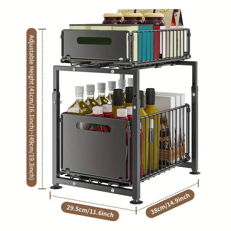 Organiseur sous-évier coulissant 2 niveaux ajustable rangement cuisine placard noir IronKi