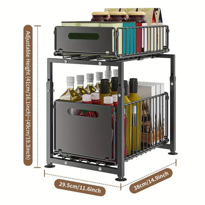 Organiseur sous-évier coulissant 2 niveaux ajustable rangement cuisine placard noir IronKi