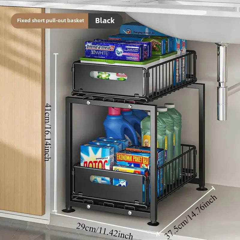 Organiseur sous-évier coulissant 2 niveaux ajustable rangement cuisine placard noir IronKi