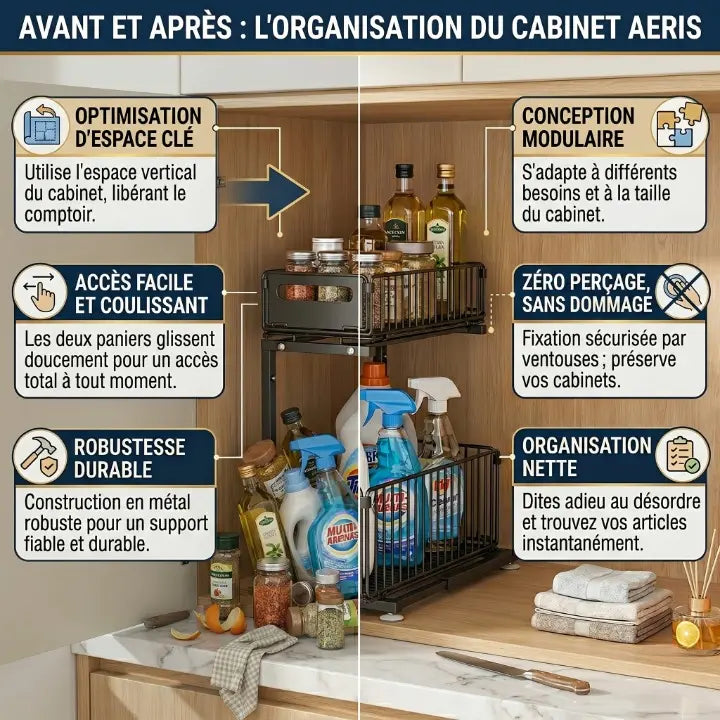 Organiseur sous-évier coulissant 2 niveaux ajustable rangement cuisine placard noir IronKi