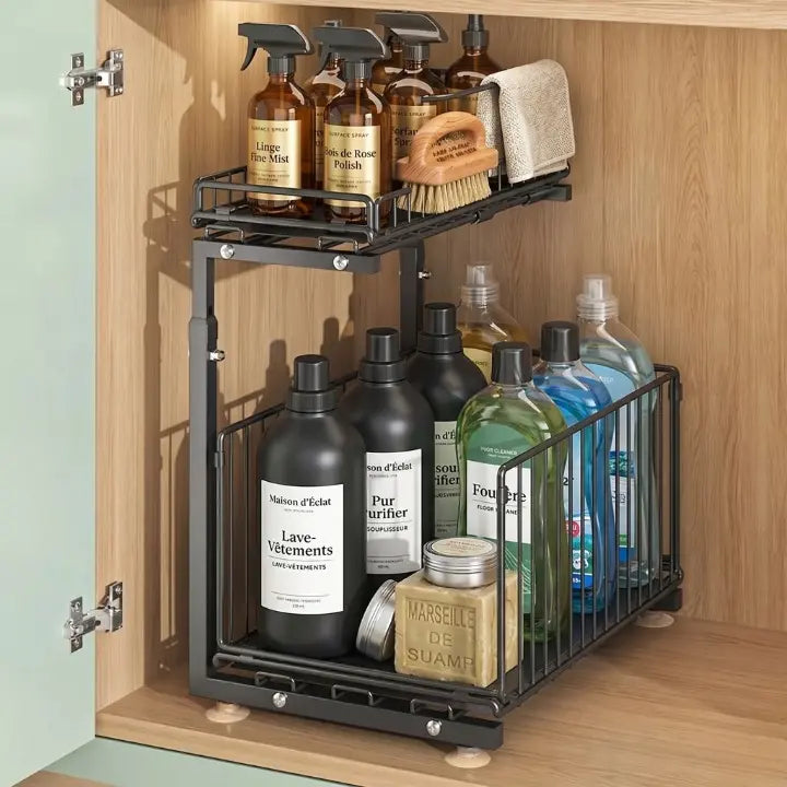 Organiseur sous-évier coulissant 2 niveaux ajustable rangement cuisine placard noir IronKi