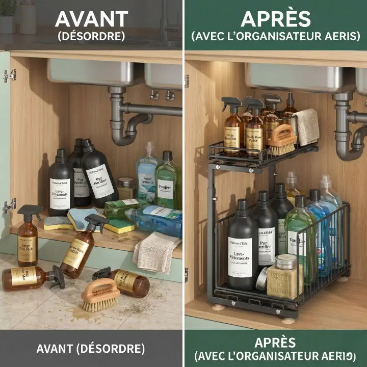 Organiseur sous-évier coulissant 2 niveaux ajustable rangement cuisine placard noir IronKi