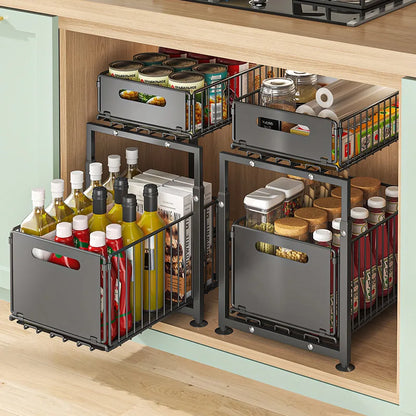 Organiseur sous-évier coulissant 2 niveaux ajustable rangement cuisine placard noir IronKi