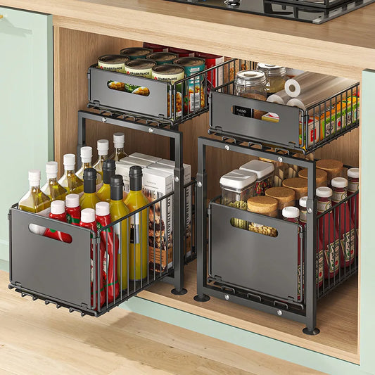 Organiseur sous-évier coulissant 2 niveaux ajustable rangement cuisine placard noir IronKi
