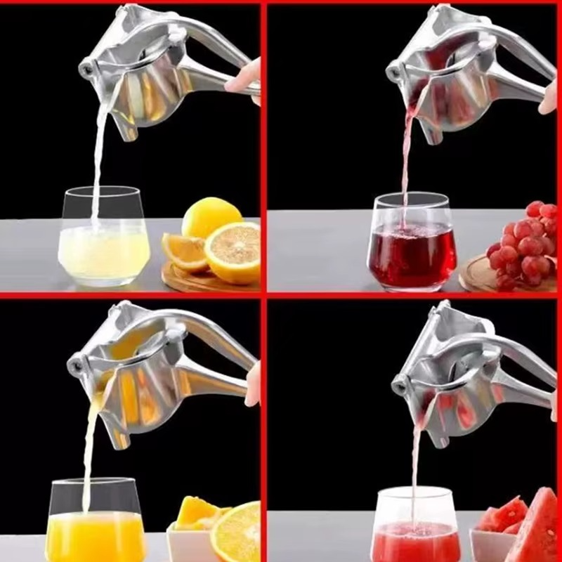 Presse-agrumes manuel aluminium premium sans BPA IronKi pressant un citron avec jus frais