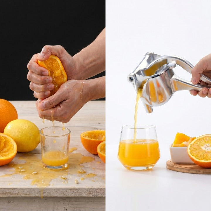 Presse-agrumes manuel aluminium premium sans BPA IronKi pressant un citron avec jus frais
