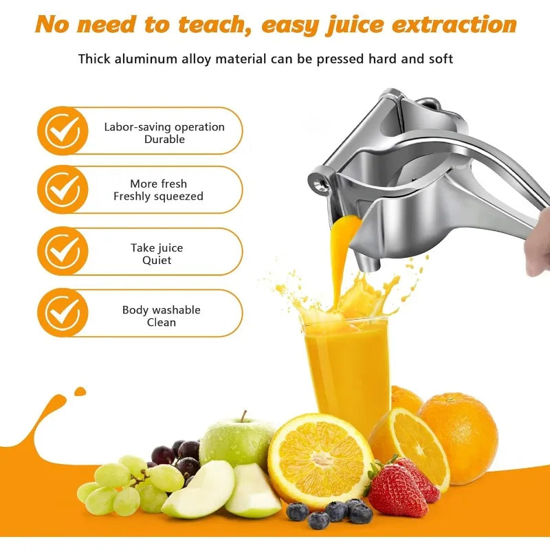 Presse-agrumes manuel aluminium premium sans BPA IronKi pressant un citron avec jus frais