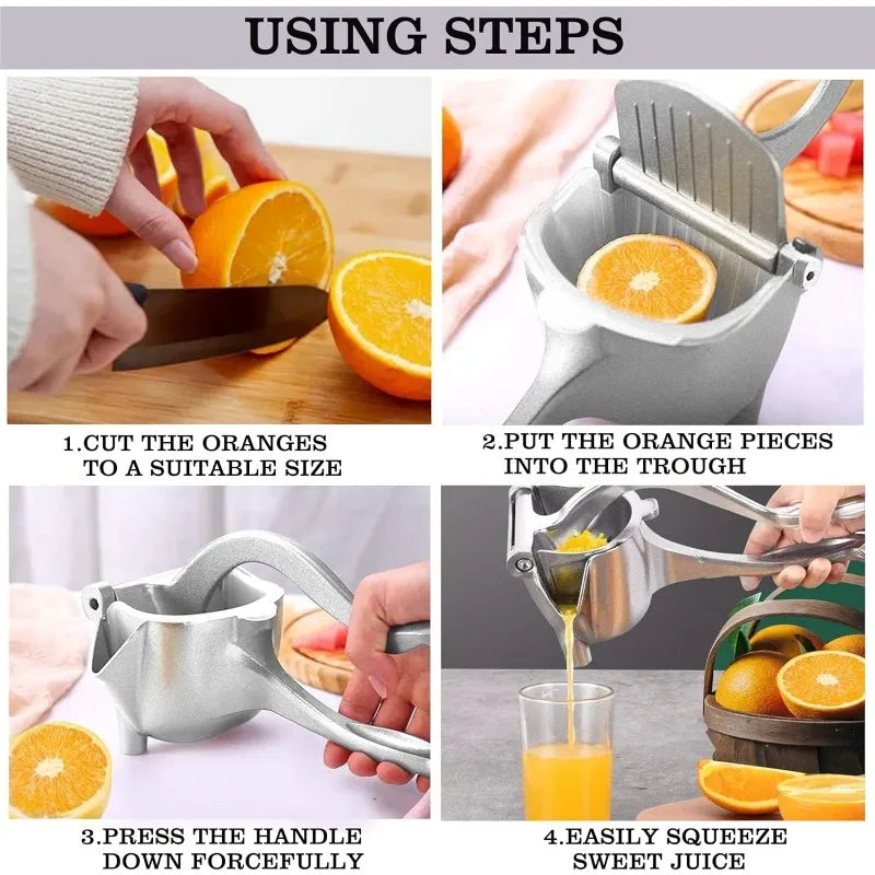 Presse-agrumes manuel aluminium premium sans BPA IronKi pressant un citron avec jus frais