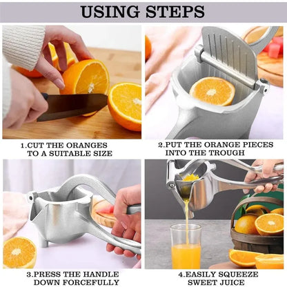 Presse-agrumes manuel aluminium premium sans BPA IronKi pressant un citron avec jus frais
